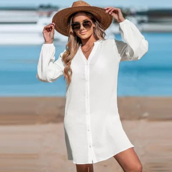 Cupshe Front Button Blouson Sleeve Cover-Up Dress - Picture 6 of 6